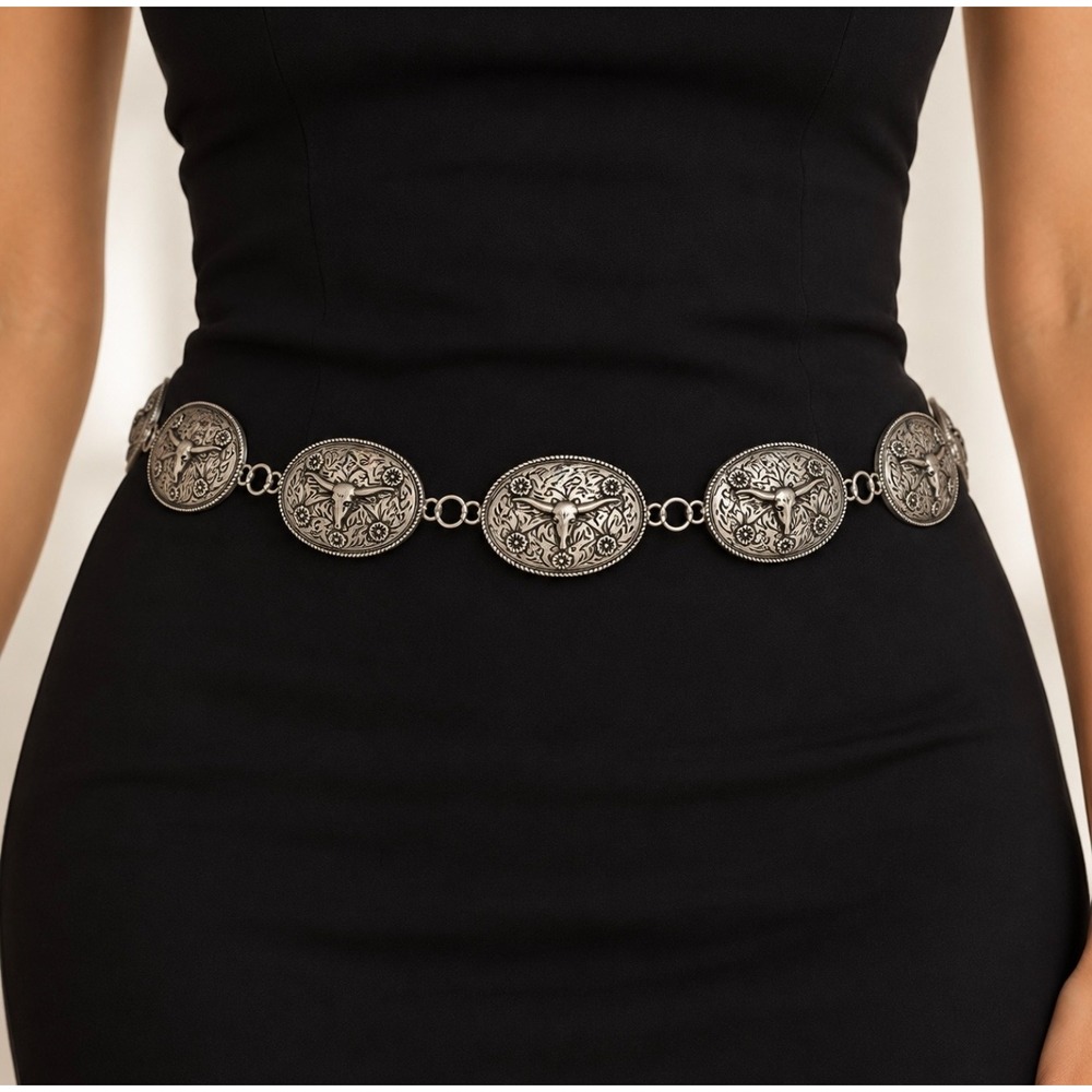 Western Longhorn Concho Belt Silver Tone Womens 54" Cowgirl Steer Adjustable
